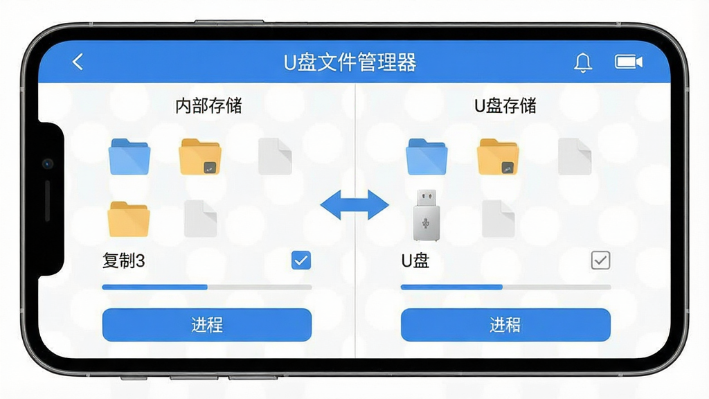 生成一张手机界面示意图,画面分为左右两栏,左栏标注“内部存储”,右栏标注“U盘存储”,中间有箭头表示文件从右栏复制到左栏,界面顶部有“U盘文件管理器”文字标识,布局为手机横屏展示,风格为现代简约UI设计,细节包括文件图标、复选框、进度条、按钮,画质高清,干净,无多余元素