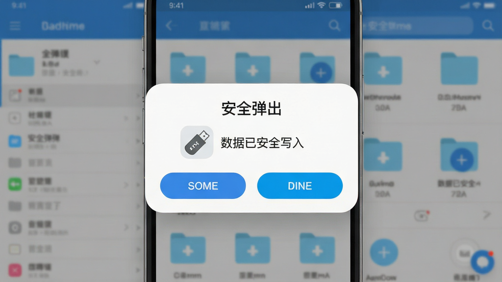 生成一张手机界面截图风格的图片,屏幕中央显示“安全弹出”确认对话框,对话框内有U盘图标与“数据已安全写入”文字,背景为文件管理主界面,布局为手机竖屏居中,风格为清爽扁平化设计,细节包括对话框圆角、按钮高亮、U盘图标,画质高清,干净,无多余元素
