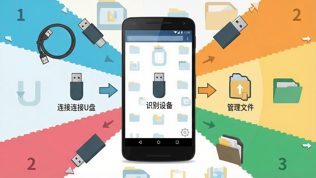 生成一张信息图风格的图片,画面中央是一部安卓手机,手机屏幕显示U盘文件管理器的使用步骤示意图,分为三步:连接U盘、识别设备、管理文件,每一步配有图标与简短文字,手机周围环绕OTG线、U盘、文件图标等元素,布局为居中放射状,风格为扁平化信息图,细节包括步骤编号、箭头指引、配色分区,画质高清,干净,无多余元素