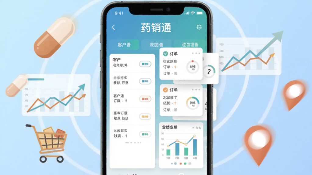 画面中央是一部智能手机,屏幕上显示“药销通”应用界面,界面包含客户列表、订单卡片和业绩图表,手机周围环绕着药丸图标、数据折线图、购物车和定位标记等元素,背景为浅蓝色渐变,整体采用扁平化商务风格,细节清晰,画质干净,无多余元素,适合作为软件下载站预览图。