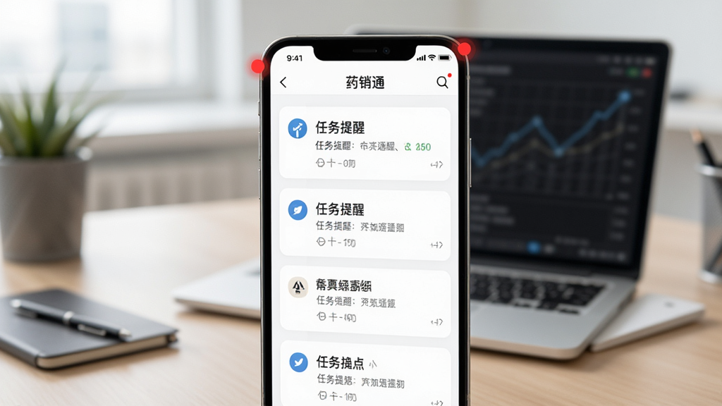 画面为“药销通”消息通知界面,显示多条任务提醒和公告卡片,手机屏幕上方有红点角标,背景为办公桌与笔记本电脑虚化,风格商务简洁,色调柔和,画质清晰,无多余元素。