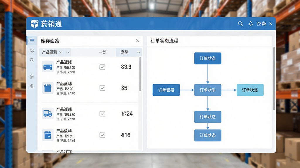 画面中心为“药销通”订单管理界面截图,左侧显示产品列表与库存数字,右侧为订单状态流程图,背景为仓库货架虚化场景,整体采用扁平化设计,主色调为蓝白,细节干净,画质清晰,无多余元素。