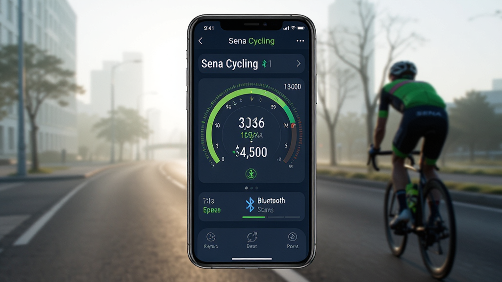 一张展示 Sena Cycling 应用主界面的预览图,画面中央是一部智能手机,屏幕上显示着骑行数据仪表盘和蓝牙设备连接状态,背景是清晨城市道路和骑行者的虚化剪影,整体风格简洁现代,色调以深蓝与荧光绿为主,细节清晰,画质干净,无多余元素