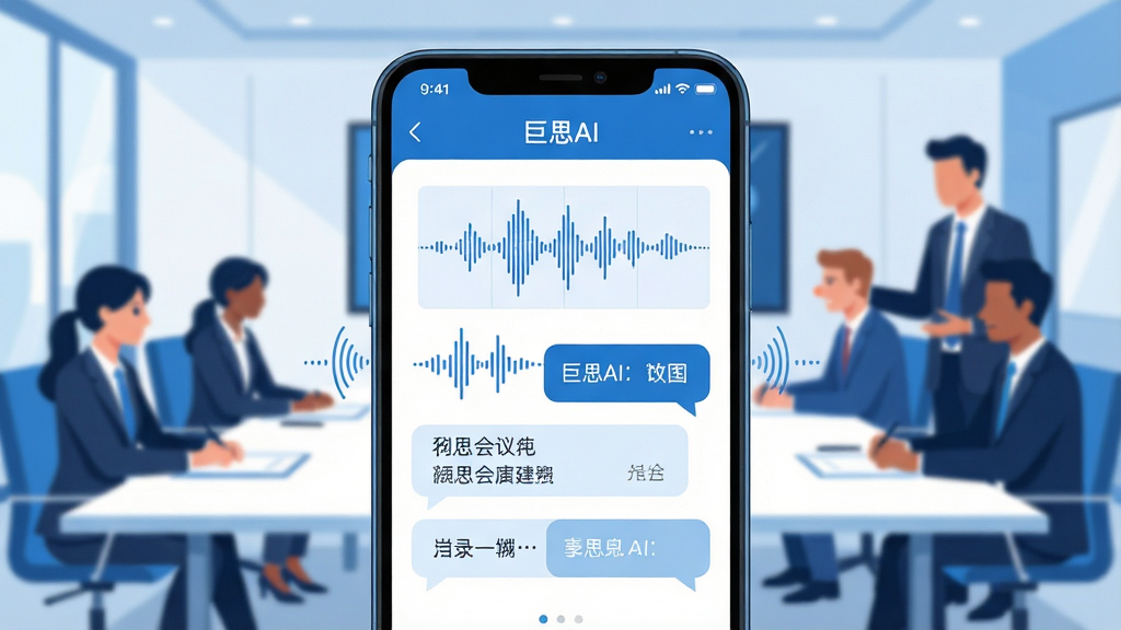 一张展示巨思AI手机应用界面的场景图,画面中央是一部竖屏智能手机,屏幕上显示着“巨思AI”的会议记录界面,有波形图与文字转写气泡,背景是模糊的现代会议室,长桌旁坐着几位商务人士正在交流,整体布局简洁明快,采用扁平化插画风格,色调以科技蓝与白色为主,细节上突出手机屏幕的UI元素与语音识别波纹,画质清晰干净,无多余元素