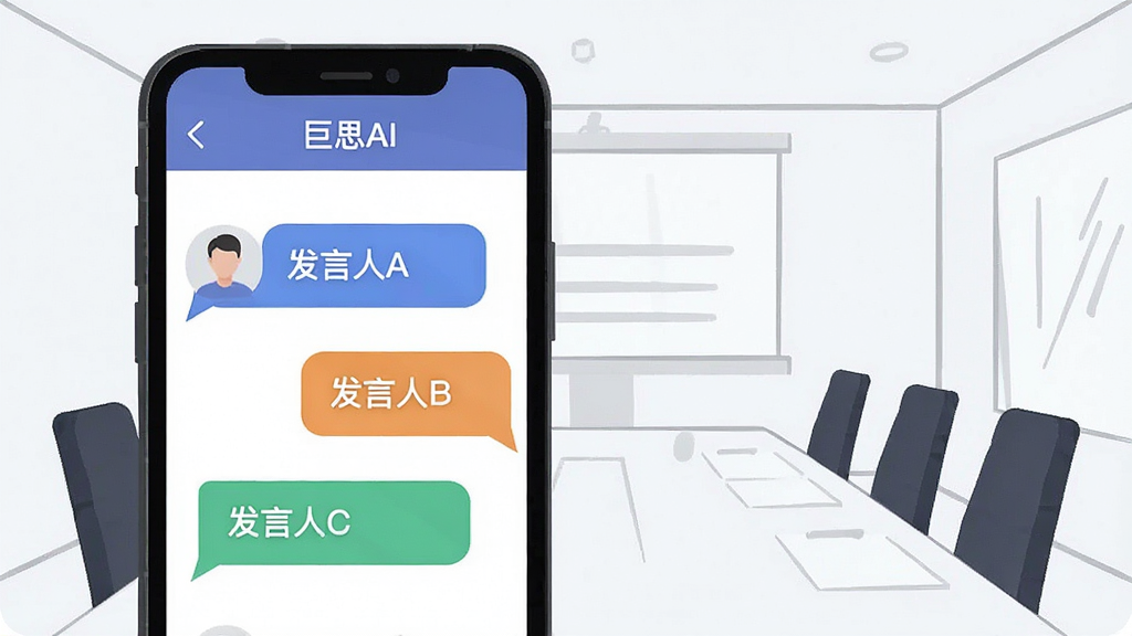 一张表现巨思AI多发言人区分功能的示意图,画面中手机屏幕显示“巨思AI”界面,屏幕上以不同颜色标签区分“发言人A”、“发言人B”、“发言人C”的对话气泡,背景是简约的抽象会议室轮廓,风格为轻量级矢量插画,细节上突出颜色区分与文字排版,画质干净清晰,无多余装饰