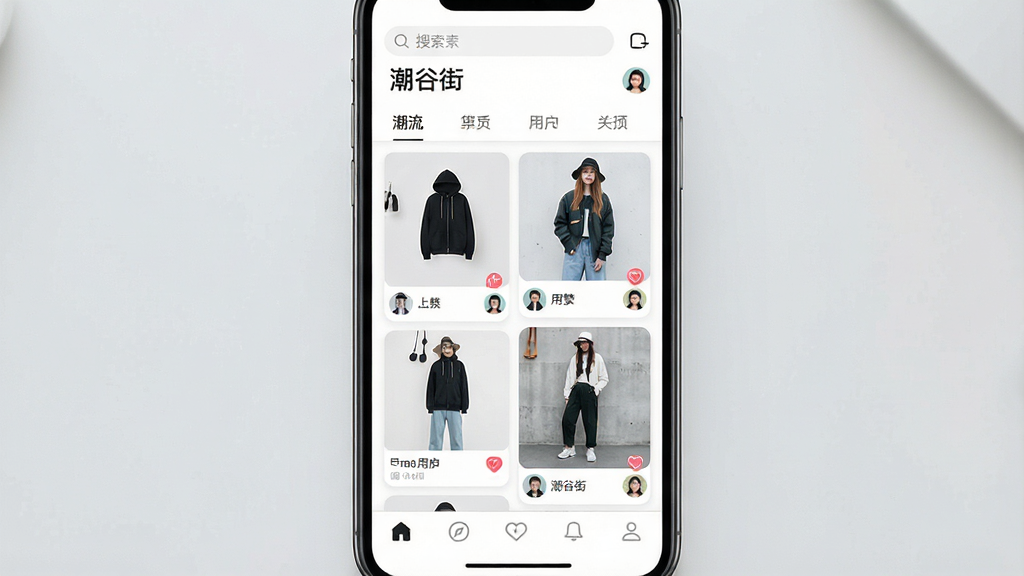 一张手机屏幕展示潮流购物社区应用界面,画面中央是“潮谷街”应用首页,上方有搜索栏和分类标签,中间是瀑布流商品卡片与用户穿搭分享,底部为导航栏,整体布局清晰,排版整齐,风格现代简约,细节包括商品缩略图、点赞图标和用户头像,画质高清,干净,无多余元素