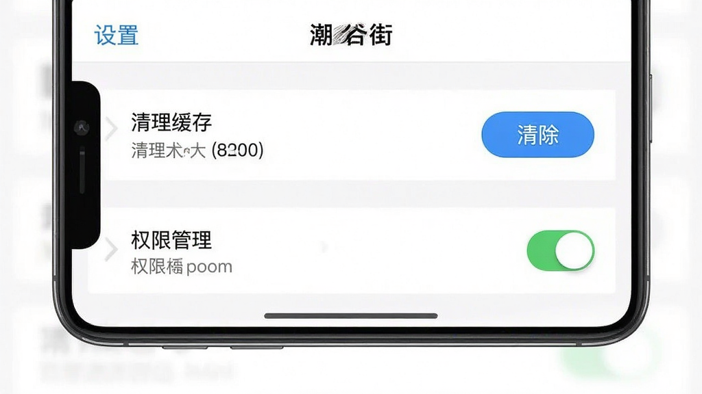 一张手机界面截图展示“潮谷街”应用内的设置页面,画面主体为清理缓存和权限管理选项,布局为列表式,排版整齐,风格简约,细节包括缓存大小显示、清除按钮和权限开关,画质高清,干净,无多余元素