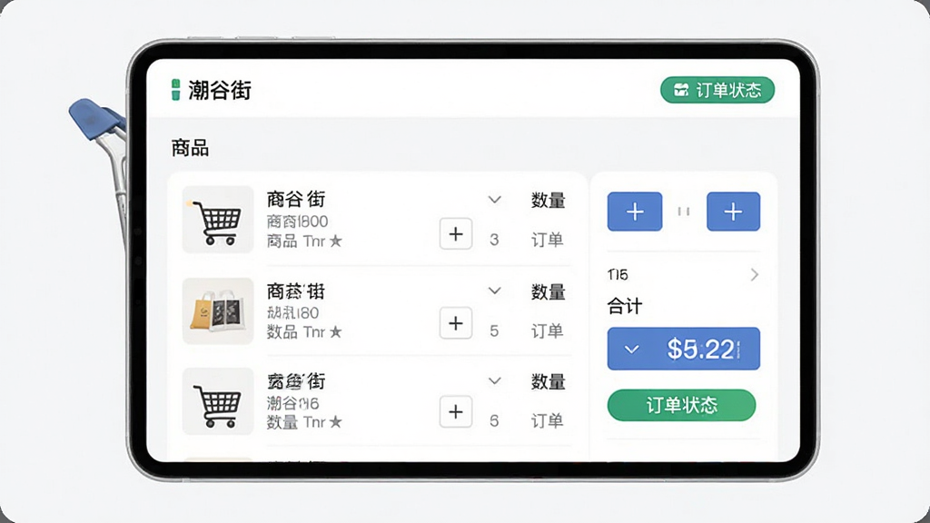 画面主体为“潮谷街”购物车与订单管理界面,布局为上下结构,排版规整,风格清爽干净,细节包括商品清单、数量调整按钮、合计金额和订单状态标签,画质高清,干净,无多余元素