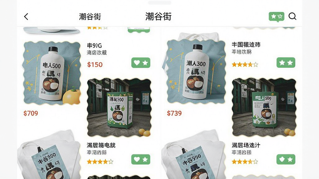 画面主体为“潮谷街”应用内的商品推荐页面,布局采用双列瀑布流,排版整齐,风格清新明快,细节包括商品图片、价格标签、收藏按钮和评分星级,画质高清,干净,无多余元素