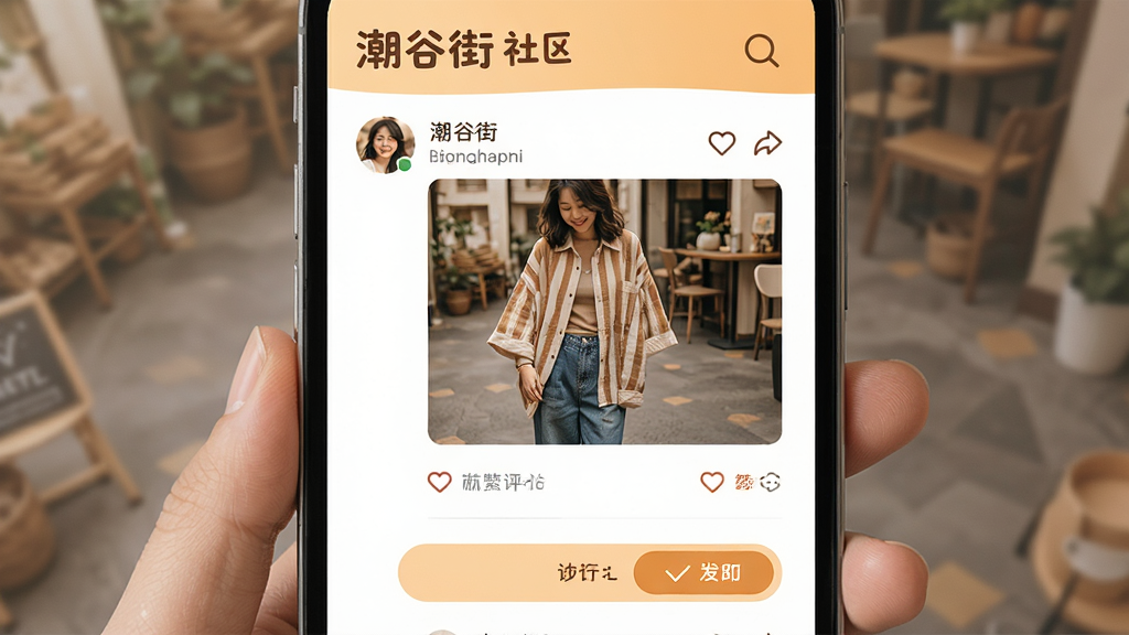 画面主体为“潮谷街”社区动态发布界面,布局为单列信息流,排版简洁,风格温暖活泼,细节包括用户头像、穿搭照片、点赞评论图标和发布按钮,画质高清,干净,无多余元素