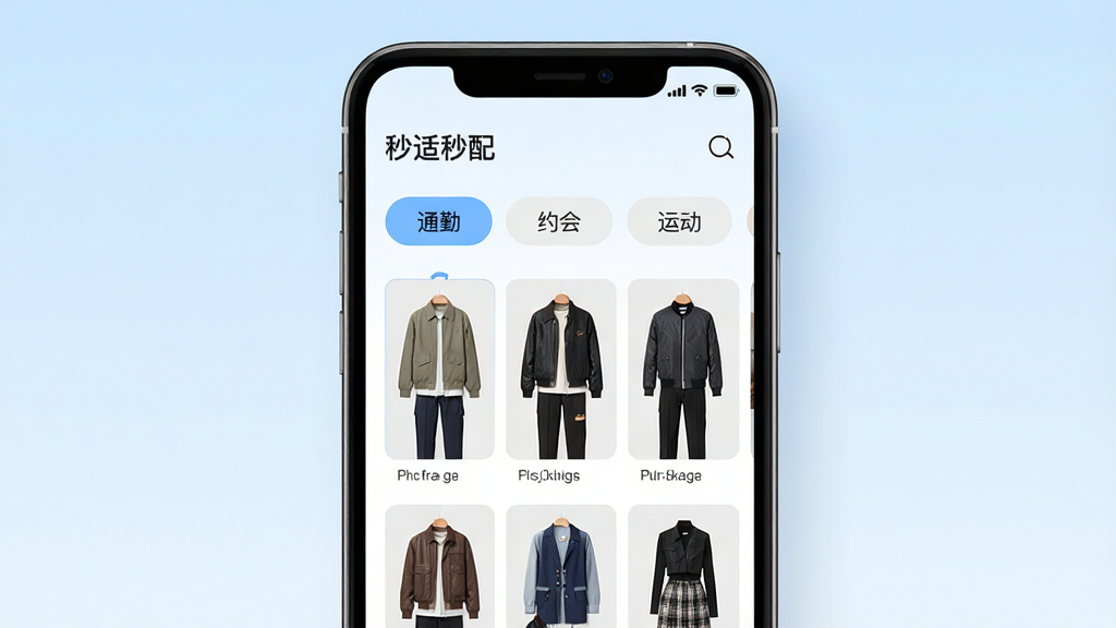 一张展示“秒适”场景化搭配界面的图片,手机屏幕中显示“通勤”“约会”“运动”等场景标签,下方对应不同风格的服装搭配图,背景为淡蓝色渐变,风格清爽,高画质,干净,无多余元素