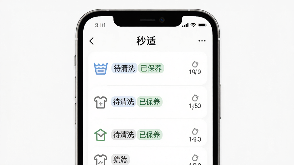 一张展示“秒适”洗护提醒功能的图片,手机屏幕中显示衣物列表和洗护状态图标,有“待清洗”“已保养”等标签,背景为白色,风格极简,高画质,干净,无多余元素