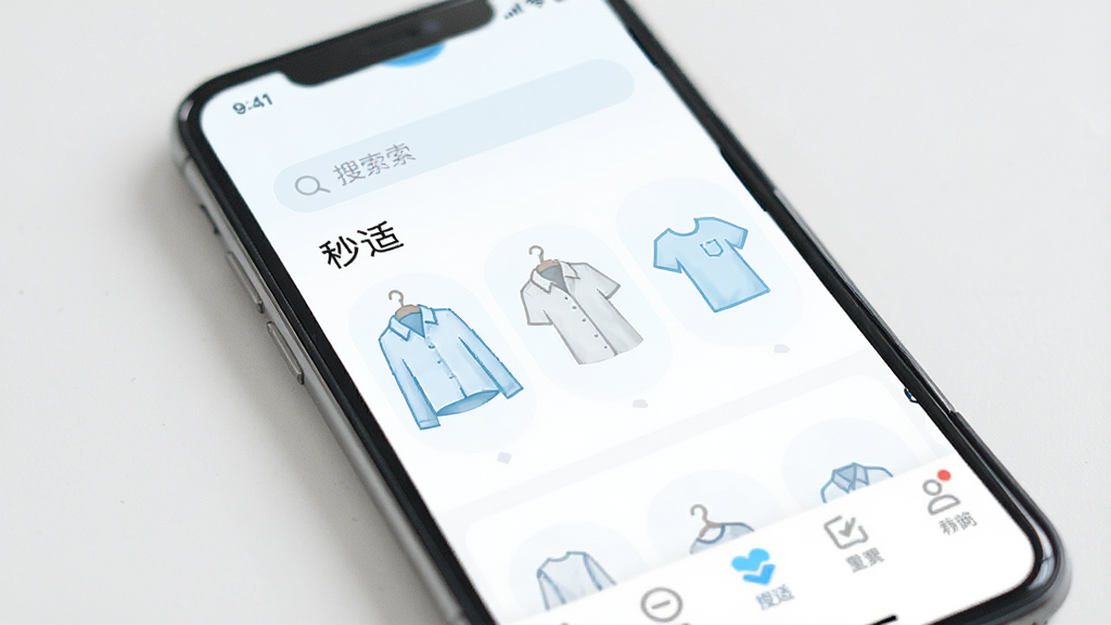 一张展示手机屏幕的图片,屏幕中显示“秒适”应用主界面,界面布局为顶部搜索栏、中部衣物分类图标、底部导航栏,整体风格清新简约,白色背景搭配浅蓝色点缀,画面干净,高画质,无多余元素