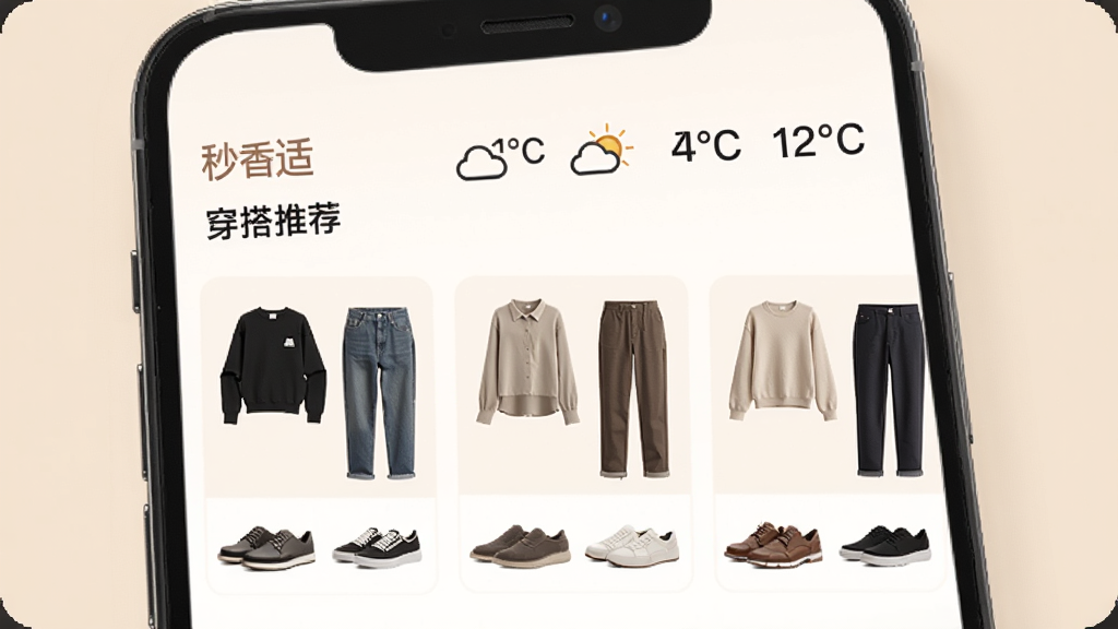 一张展示“秒适”每日穿搭推荐界面的图片,画面中手机屏幕显示三套不同风格的穿搭组合,每套搭配有上衣、裤子、鞋子的缩略图,顶部有天气图标和温度数字,背景为柔和米色,风格温馨,高画质,干净,无多余元素