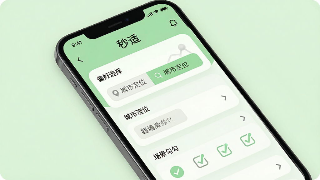 一张展示“秒适”新手设置引导页面的图片,手机屏幕中显示风格偏好选择、城市定位、场景勾选等选项,界面布局清晰,背景为浅绿色,风格友好,高画质,干净,无多余元素