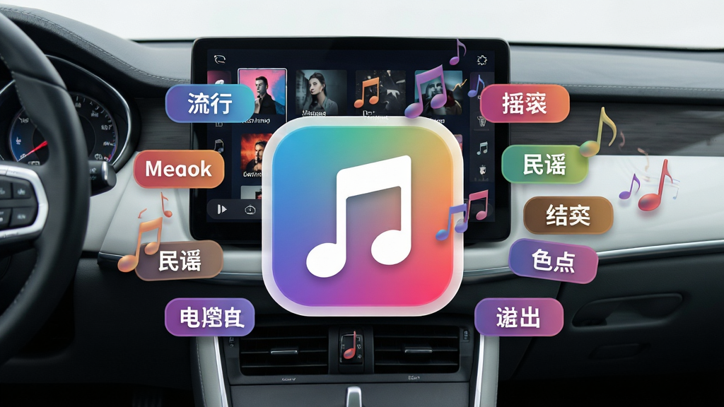 一张展示汽车音乐歌曲海量曲库的图片,画面主体是一个巨大的音乐库图标,周围环绕着各种音乐风格标签如流行、摇滚、民谣、古典、电子,背景是汽车内部空间,中控屏幕显示汽车音乐歌曲的界面,屏幕上有滚动更新的歌曲列表,布局为居中构图,风格现代简洁,细节包括音符飘动、颜色渐变,画质高清,干净,无多余元素