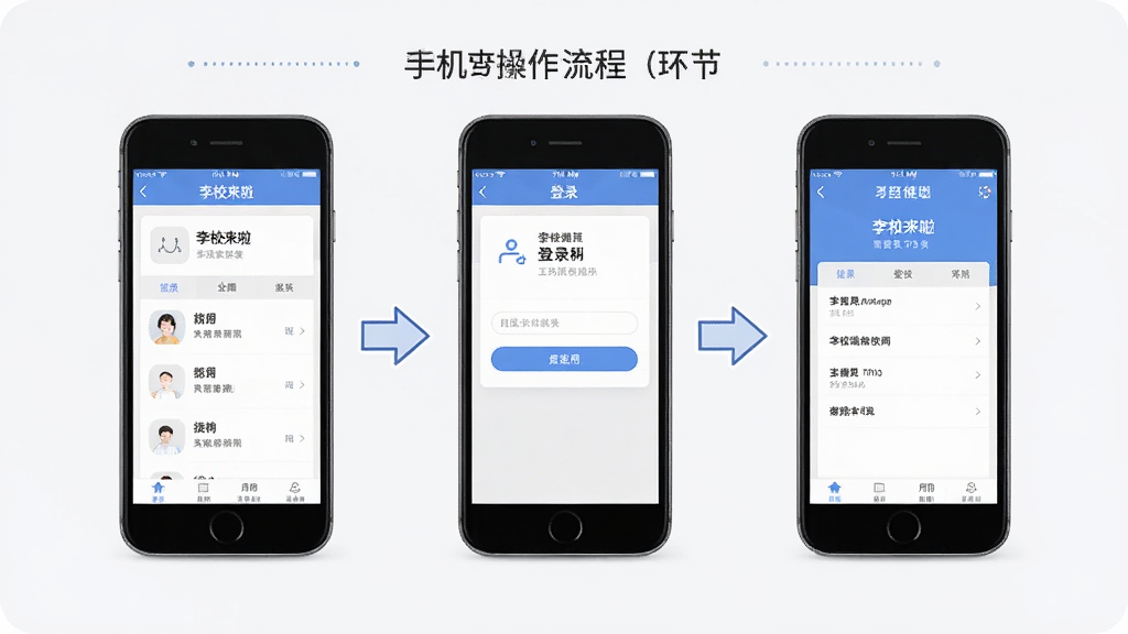 一张展示李校来啦在手机端操作流程的步骤图,主体为三部手机依次展示安装、登录、使用三个环节,布局为横向排列,排版从左到右递进,风格为教程图解风,细节包括每部手机屏幕显示对应界面并配有箭头指引,画质高清,干净,无多余元素