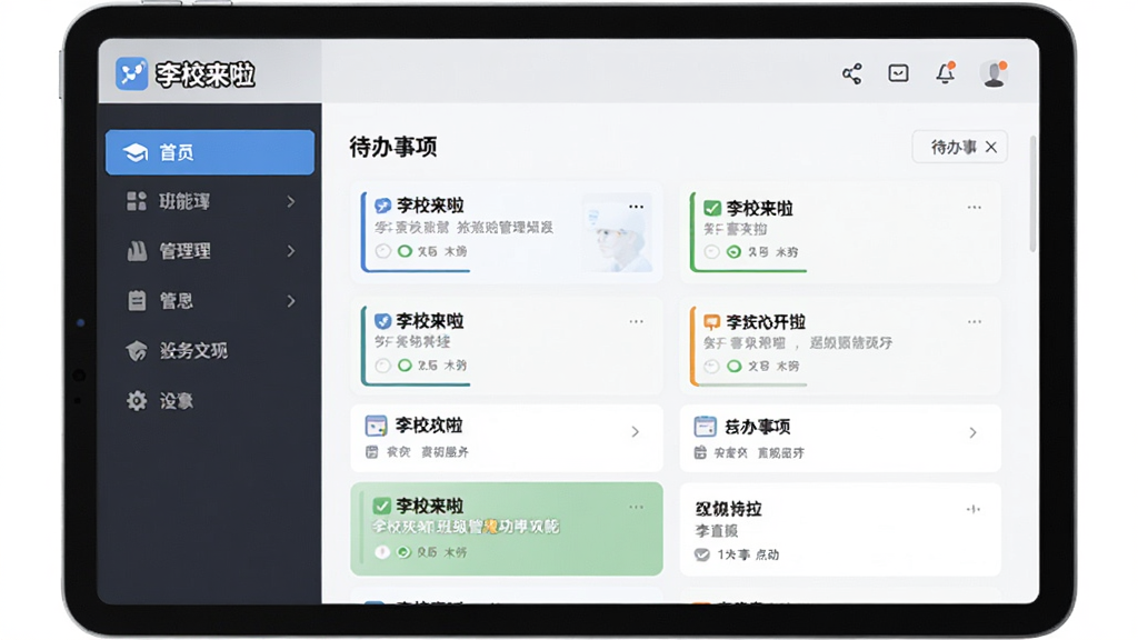 李校来啦班级管理功能界面展示图,主体为平板电脑屏幕显示班级事务管理面板,布局为左右分栏,左侧为功能菜单,右侧为待办事项列表,风格为商务简约风,细节包括面板上显示“李校来啦”软件名称和多个任务卡片,画质高清,干净,无多余元素