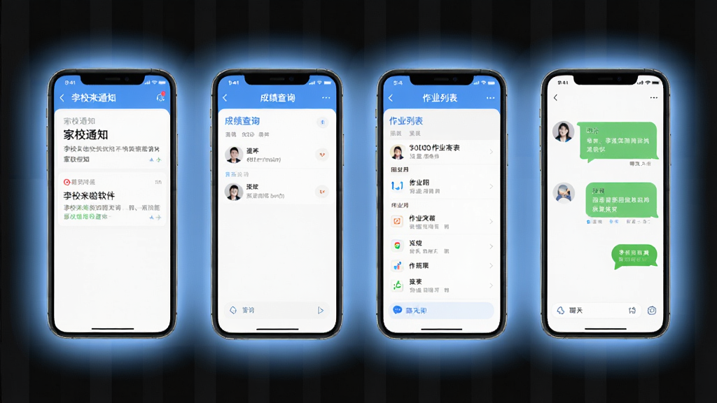 一张展示李校来啦软件核心功能的手机界面合集图,主体为四部智能手机并排展示,布局为横向排列,排版清晰整齐,风格为现代简约教育科技风,细节包括每部手机屏幕分别显示家校通知、成绩查询、作业列表和聊天界面,手机外围环绕柔和蓝色光晕,画质高清,干净,无多余元素