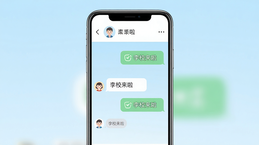 一幅展示李校来啦家校沟通功能的AI生图,主体为一部手机屏幕显示聊天对话界面,布局为居中构图,排版上方为联系人头像和名称,风格为清新扁平化UI设计,细节包括对话气泡中显示“李校来啦”文字标识,背景为浅蓝色渐变,画质高清,干净,无多余元素