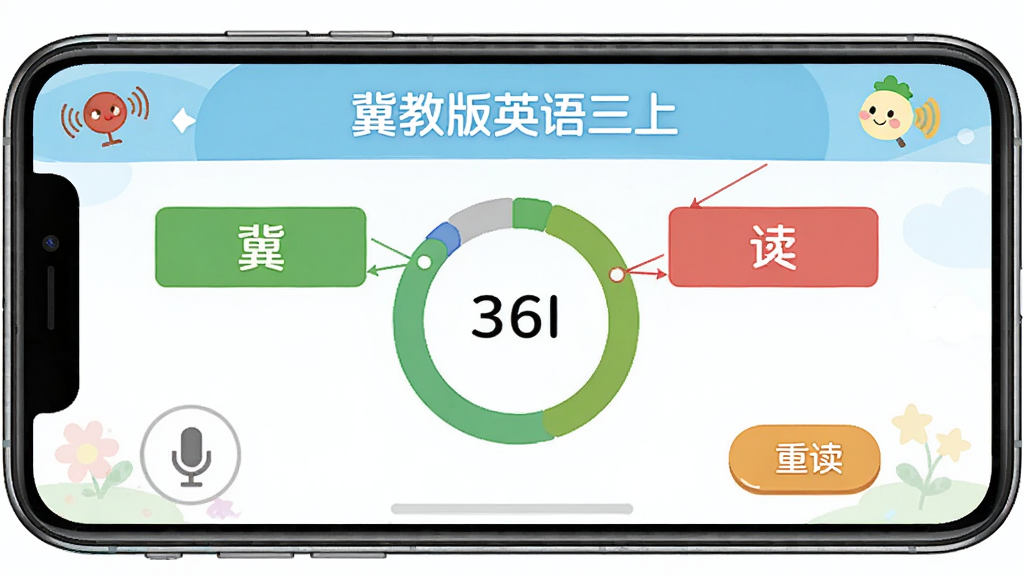 冀教版英语三上语音评测界面图,主体为手机屏幕显示跟读评分结果,包含绿色和红色单词标注、分数环形图、麦克风图标,布局为上下结构,排版清晰,风格为清新教育风,细节包括“冀教版英语三上”文字、评分数字、重读按钮、卡通装饰,画质高清,干净无多余元素