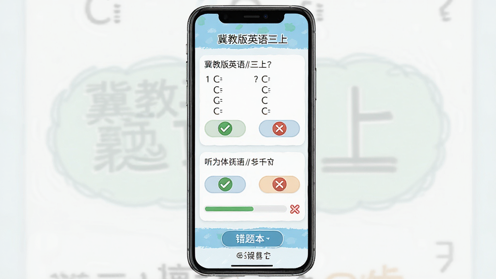 冀教版英语三上单元测试界面图,主体为手机屏幕显示英语选择题和听力题,包含选项按钮、进度条、得分显示,布局为上下排列,排版规整,风格为简洁学习风,细节包括“冀教版英语三上”文字、对勾和叉号图标、错题本入口,画质高清,干净无多余元素