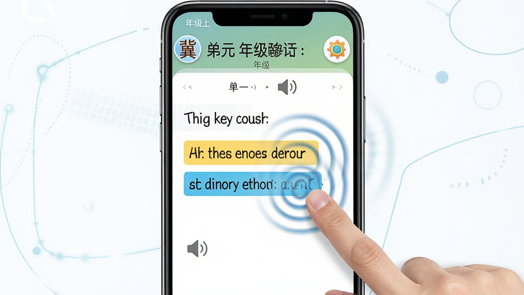 冀教版英语三上课本点读功能展示图,主体为手机屏幕内显示三年级上册英语课本页面,手指点击句子后出现发音波纹和高亮效果,布局为手机居中展示,排版简洁,风格为现代教育科技风,细节包括单元标题、英文句子、喇叭图标、高亮色块,画质高清,干净无多余元素