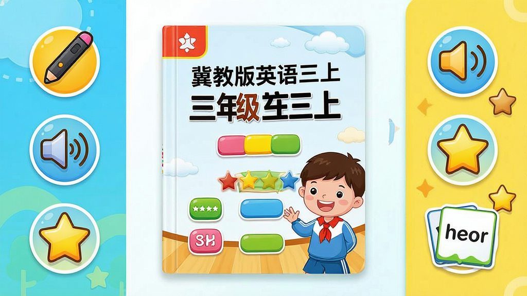 一张展示冀教版英语三上APP主界面的图片,画面中央是打开的三年级上册英语课本封面,周围环绕着点读笔图标、喇叭图标、星星评分图标和单词卡片,布局清晰,排版采用左右分栏结构,风格为明亮活泼的卡通教育风,细节包括课本上的“冀教版英语三上”文字、彩色按钮、卡通小学生形象,画质为高清2K,干净无多余元素