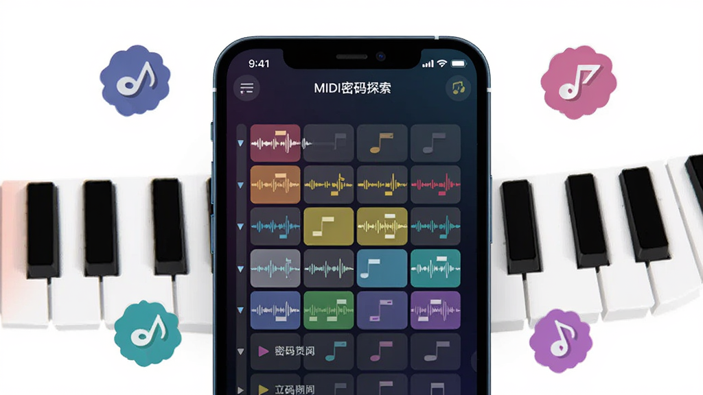 画面中央是一部智能手机,屏幕上显示着音乐密码探索软件的MIDI轨道浏览界面,彩色音符方块整齐排列,背景是深色渐变,周围漂浮着钢琴键和音符图标,整体布局简洁现代,风格为科技感扁平插画,细节包含音符波形和轨道标签,画质清晰,干净,无多余元素