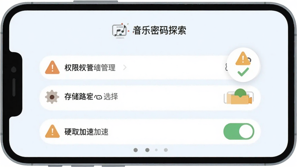 手机屏幕显示音乐密码探索的设置界面,包含权限管理、存储路径选择和硬件加速开关,界面为浅色主题,旁边有警示图标和勾选标记,风格为扁平化UI示意图,画质清晰,干净,无多余元素