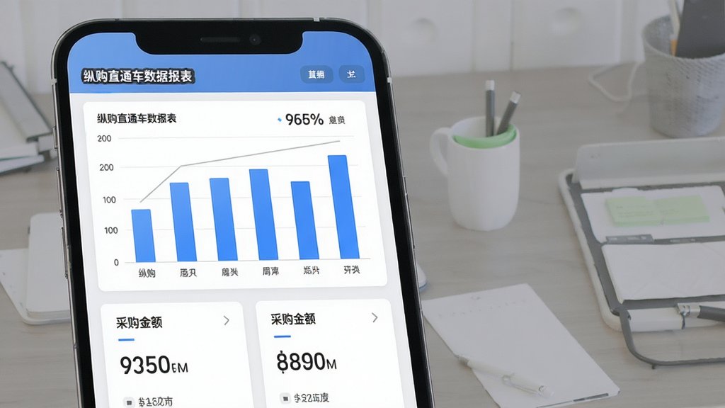 纵购直通车数据报表页面,主体为手机屏幕展示柱状图与采购金额统计卡片,布局为纵向排列,排版清晰,风格为简约商务风,细节包括蓝色柱状图、百分比数字、分类标签,画质高清,画面干净,无多余元素