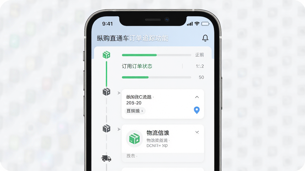 纵购直通车订单追踪功能界面,主体为手机屏幕显示订单状态时间轴与物流信息卡片,布局为上下结构,排版整齐,风格为清爽扁平化设计,细节包括绿色进度条、物流图标、时间节点文字,画质清晰,画面干净,无多余元素