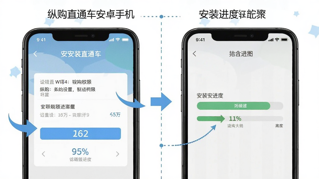 纵购直通车安卓手机安装步骤示意图,主体为手机屏幕显示安装权限设置界面与安装进度条,布局为左右分步展示,排版直观,风格为教程图解风,细节包括设置选项高亮、箭头指引、进度百分比,画质清晰,画面干净,无多余元素