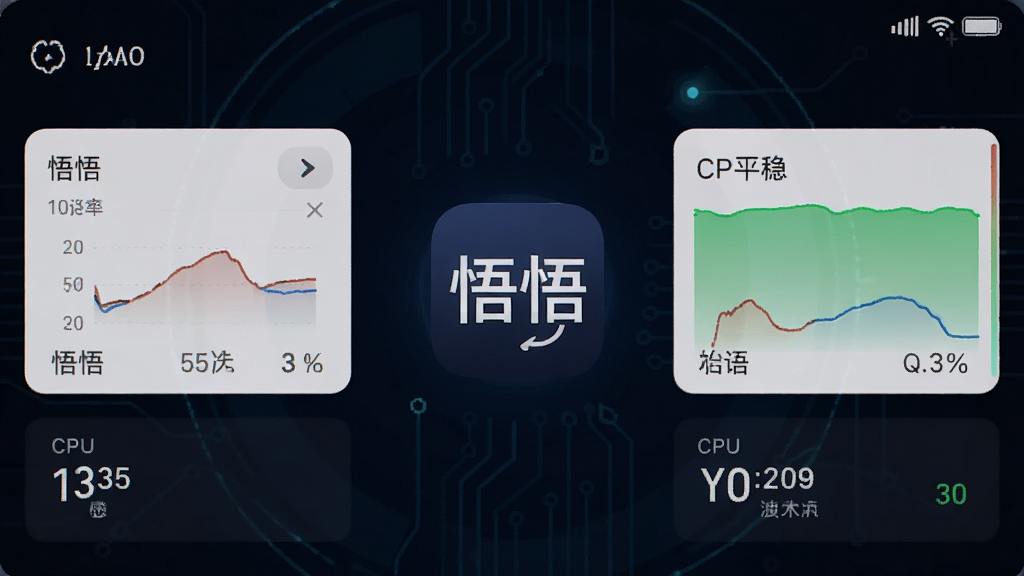 手机性能监控界面显示“悟悟”运行内存占用低,CPU使用率平稳,画面中央有“悟悟”图标,背景为深色科技风格,细节包括数据曲线和数值显示,画质清晰,干净整洁