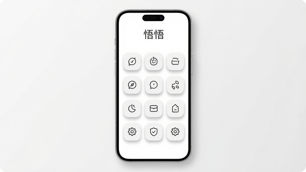手机界面展示“悟悟”极简设计风格,白色背景,功能图标以线性风格呈现,排列整齐,顶部有“悟悟”字样,整体视觉清爽,风格现代简约,细节包括微妙的阴影和圆角,画质高清,无杂乱元素
