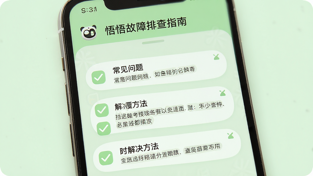 手机屏幕显示“悟悟”故障排查指南界面,列出常见问题与解决方法,背景为浅绿色,风格清新,细节包括勾选图标和提示框,画质高清,干净无冗余