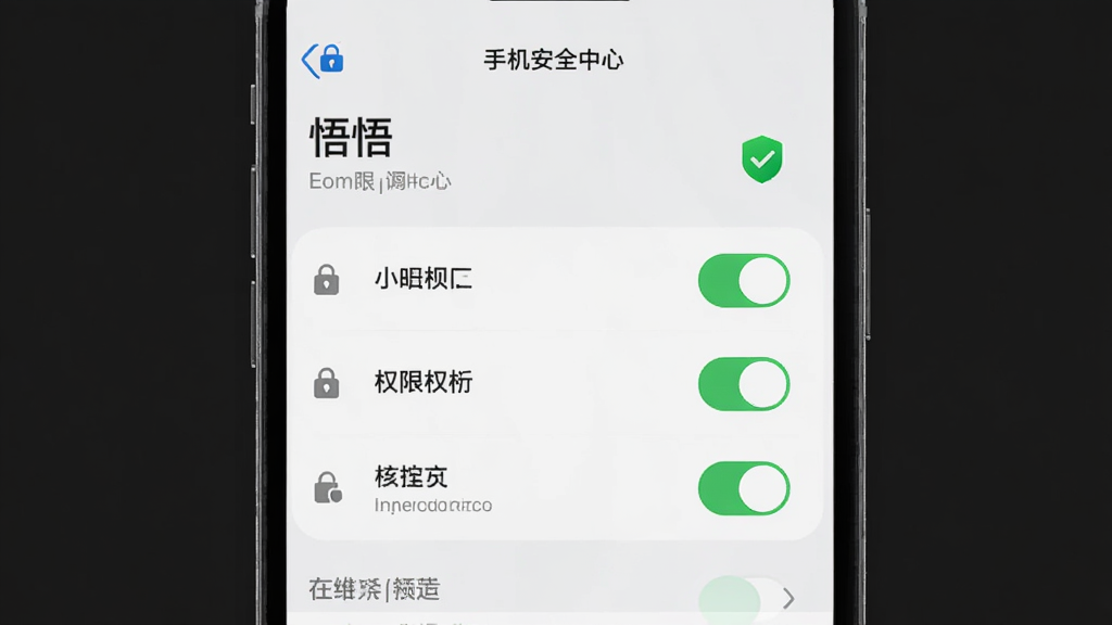 手机安全中心界面展示“悟悟”权限管理页面,列出各项权限开关,状态清晰,背景为浅灰色,风格商务简洁,细节包括锁形图标和绿色安全标识,画质高清,无多余装饰