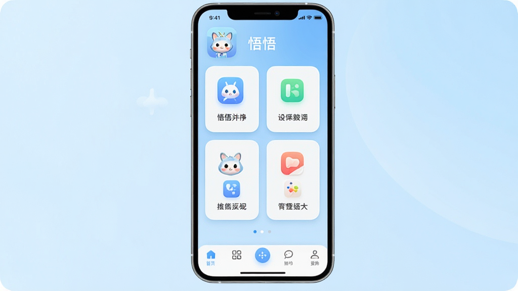 手机屏幕中央展示“悟悟”应用主界面,整体布局简洁,顶部显示软件名称“悟悟”,中部为功能卡片式排列,底部为导航栏;背景为浅蓝色渐变,风格清新现代,细节包括圆角图标和柔和阴影,画质清晰,干净无多余元素