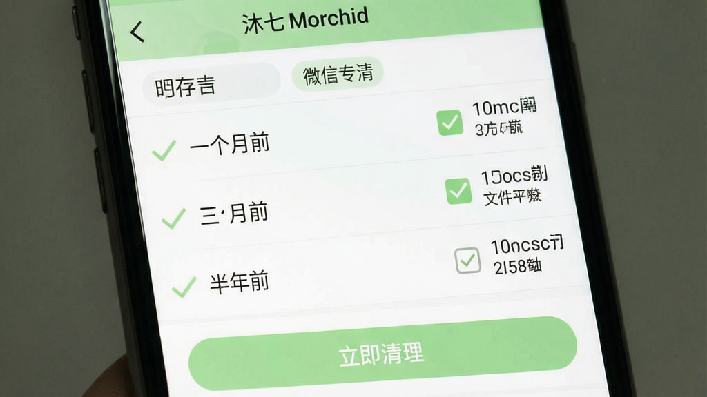 一张手机界面截图风格的图片,展示“沐七 Morchid”的应用专清页面,页面顶部显示“微信专清”标签,中间是不同时间段的缓存文件列表,如“一个月前”“三个月前”“半年前”,每个条目右侧有勾选框和文件大小,底部有“立即清理”按钮,界面风格清爽整洁,以白色和浅绿色为主,画面干净,文字清晰可辨