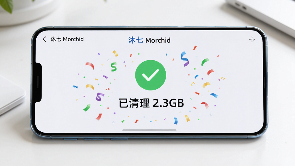 一部手机横屏展示,屏幕上是“沐七 Morchid”的一键清理完成界面,中央显示醒目的绿色对勾和“已清理 2.3GB”字样,周围有庆祝的彩色粒子效果,手机背景为干净的白色桌面,画面明亮清新,突出清理完成后的轻松感,画质高清,无多余元素