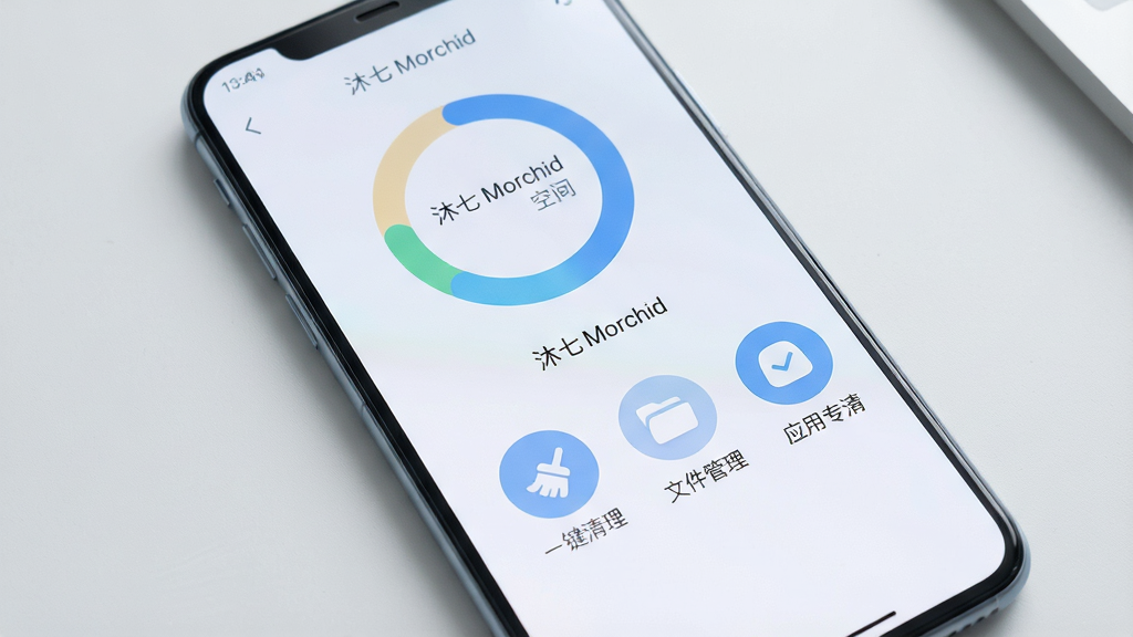 一张手机屏幕正面展示图,画面中央是“沐七 Morchid”软件的浅色界面,界面上方显示手机存储空间环形图,下方排列着“一键清理”“深度加速”“文件管理”“应用专清”四个圆形功能图标,图标风格圆润简洁,整体色调以白色和淡蓝色为主,手机置于干净浅灰色桌面背景上,光线柔和均匀,画面干净整洁,无多余元素,高清画质,细节清晰