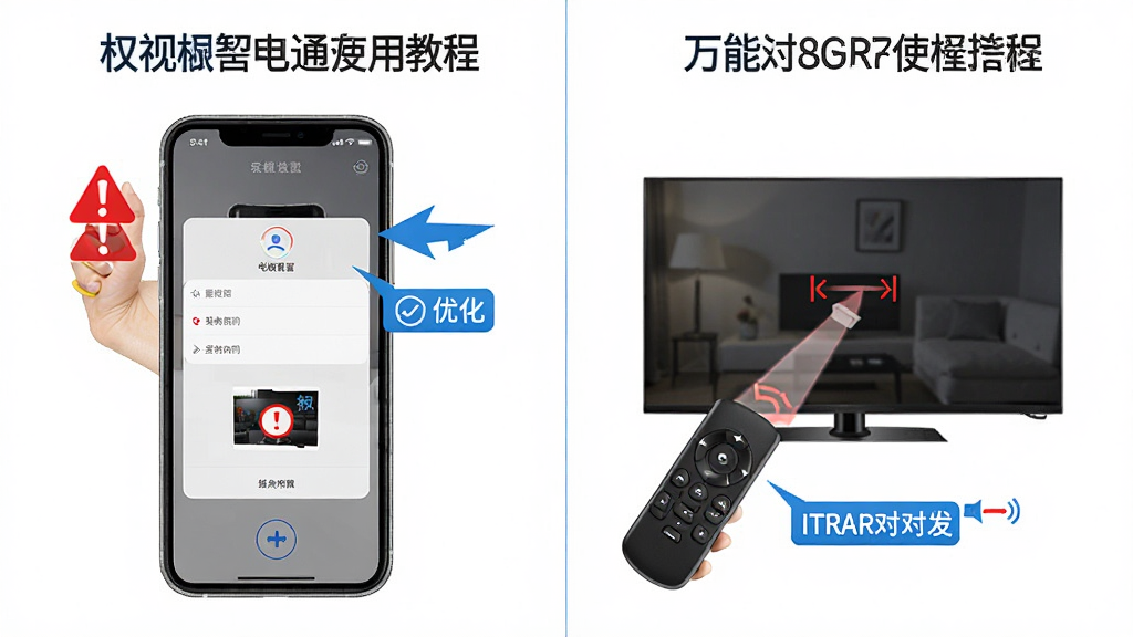 电视遥控万能通使用教程示意图,手机屏幕显示权限设置界面和红外对准电视的示意图,布局为左右分栏,排版清晰,风格教学指导,细节包含红色警告图标和蓝色优化标签,画质高清,干净,无多余元素