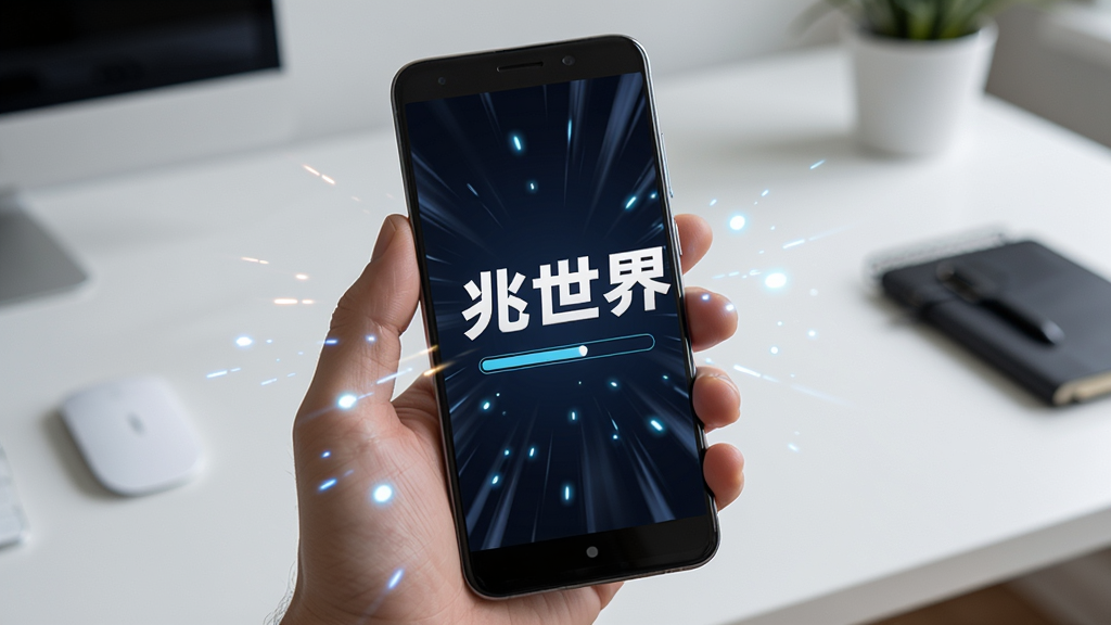 一部安卓手机握在手中,屏幕上显示兆世界的启动画面,画面中央有