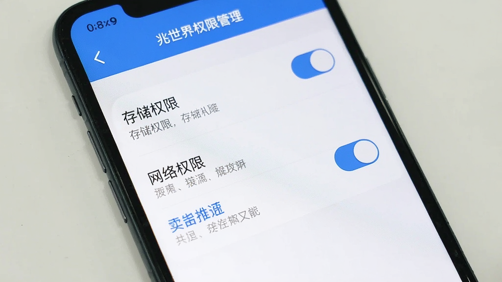 手机屏幕显示兆世界的权限管理页面,画面中有