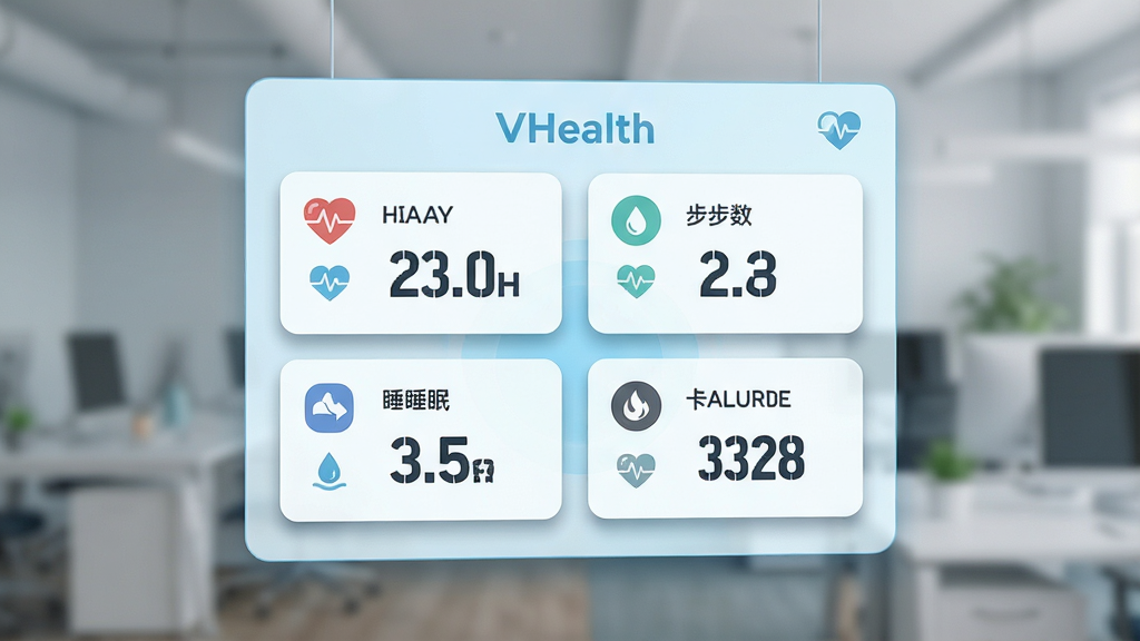 主体为一块悬浮的虚拟健康数据面板,面板上显示