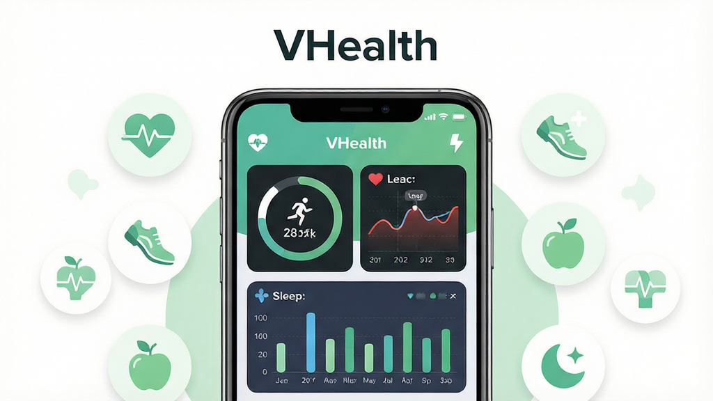 主体为一部智能手机,屏幕显示VHealth应用的健康数据仪表盘界面,包含步数圆环、心率曲线、睡眠柱状图等图表元素;布局为手机居中放置,周围环绕浅绿色与白色的健康图标如心跳、跑鞋、苹果、月亮等;排版简洁,上方留白处有文字