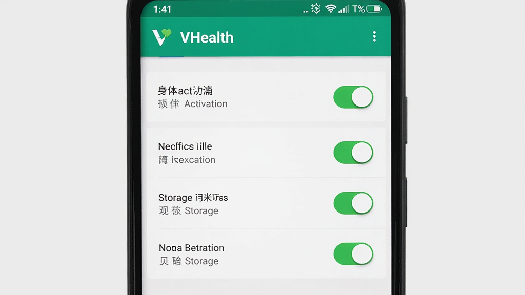 主体为一部安卓手机屏幕特写,显示VHealth应用的权限设置页面,页面上有身体活动、通知、存储等权限开关;布局为手机居中,背景为浅灰色;排版清晰,开关状态明确;风格为简洁UI截图风格;细节上