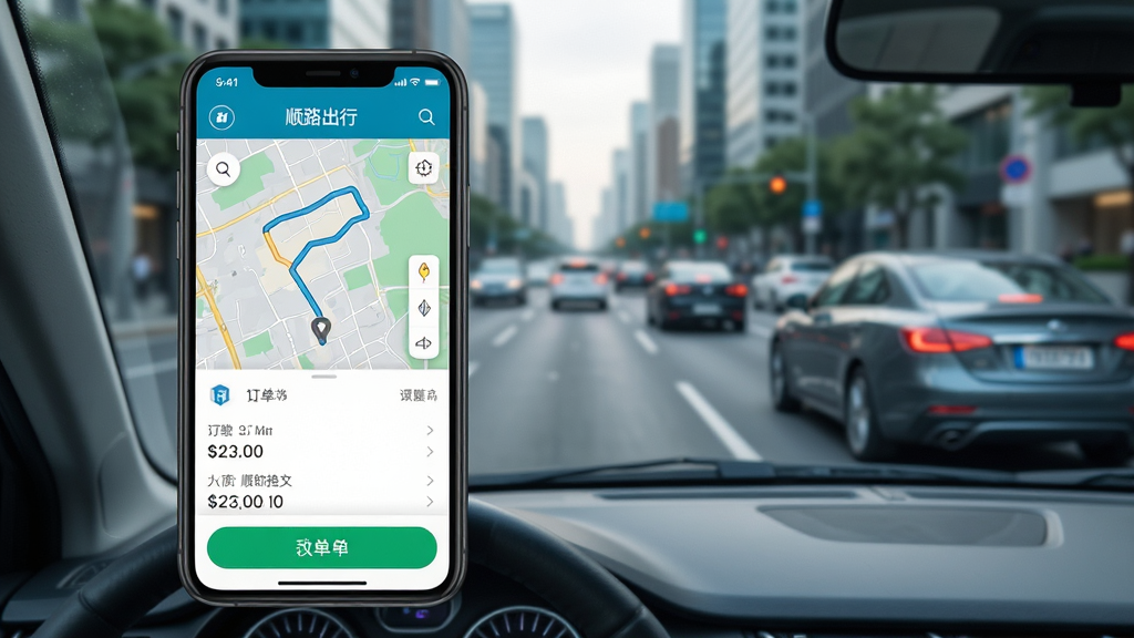 一张展示智能手机屏幕的图片,屏幕上显示着顺路出行司机端APP的主界面,界面中包含地图轨迹、订单列表和接单按钮,背景为城市道路与行驶中的汽车,画面风格为现代科技感写实风,色彩明亮清晰,细节丰富,画质高清,干净整洁,无多余元素
