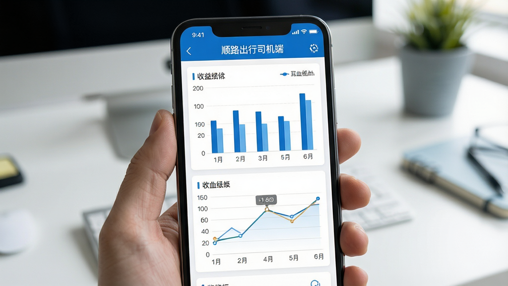 一张展示顺路出行司机端收益统计界面的图片,手机屏幕中显示柱状图与折线图,数据清晰,背景为简洁的办公桌面,风格为商务写实风,布局居中,细节丰富,画质高清,干净无多余元素,图片中文字为“顺路出行司机端”