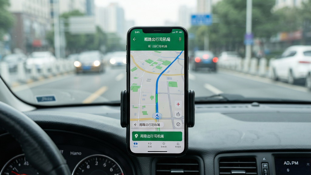 一张展示顺路出行司机端在手机支架上运行的图片,画面为车内视角,手机屏幕显示导航地图与接单界面,背景为城市道路,风格为真实驾驶场景摄影,布局居中,细节清晰,画质高清,干净无多余元素,图片中文字为“顺路出行司机端”